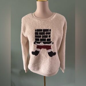 Festive Cream and Black Crew Neck Sweater with Santa Design, Medium